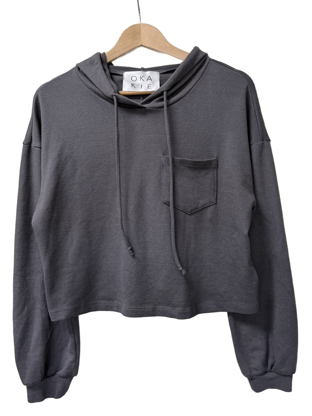 Okakie Dark Grey Cropped Pocket Hoodie - Soft Rayon Knit M Lounge Wear